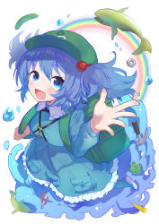 Rule 34 | 1girl, :d, ahase hino, arm up, backpack, bag, blue eyes, blue hair, blue skirt, blush, bolt (hardware), boots, buckle, collar, fish, frilled collar, frills, frog, full body, green bag, hair bobbles, hair ornament, hammer, hat, highres, kawashiro nitori, key, looking at viewer, open mouth, pliers, pouch, puffy short sleeves, puffy sleeves, rainbow, short hair, short sleeves, simple background, skirt, smile, solo, touhou, two side up, water, white background