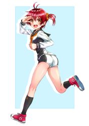 Rule 34 | absurdres, antenna hair, ass, bickle (bickle1983), black sailor collar, full body, highres, isshiki akane, looking at viewer, national shin ooshima school uniform, neckerchief, open mouth, orange eyes, red footwear, red hair, round teeth, running, sailor collar, salute, school uniform, scrunchie, serafuku, shoes, short hair, short shorts, shorts, smile, sneakers, teeth, twintails, upper teeth only, vividred operation, yellow neckerchief
