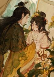 Rule 34 | absurdres, applying makeup, black hair, brown hair, closed eyes, eyeshadow, facing viewer, floral print, flower, hair bun, hair flower, hair ornament, hair pulled back, half updo, hand up, hands on another&#039;s wrists, hanging scroll, highres, holding, holding paintbrush, jiangnan baijingtu, lipstick, long hair, long sleeves, looking at another, makeup, paintbrush, painting (action), painting (object), parted lips, print robe, profile, red lips, scroll, single hair bun, stick, through medium, through painting, through screen, tianhongqwq, wen zhengming, wide sleeves, wu yu, yellow flower