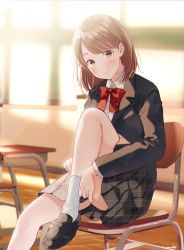 Rule 34 | 1girl, black footwear, blazer, blue jacket, bow, bowtie, brown hair, chair, classroom, closed mouth, collared shirt, desk, grey skirt, hair ornament, hairclip, hanako151, highres, indoors, jacket, knee up, loafers, long sleeves, looking at viewer, medium hair, original, plaid, plaid skirt, pleated skirt, purple eyes, red bow, shirt, shoes, sitting, skirt, smile, socks, solo, sunlight, white shirt, white socks, window