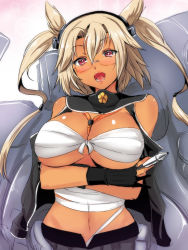 Rule 34 | 10s, 1girl, bare shoulders, blonde hair, breast hold, breasts, dark-skinned female, dark skin, fingerless gloves, gin&#039;ichi (akacia), glasses, gloves, highres, kantai collection, large breasts, musashi (kancolle), musashi kai (kancolle), navel, open mouth, pen, pointy hair, red eyes, sarashi, short hair, skirt, solo, tan, twintails, two side up, upper body
