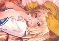 Rule 34 | 1girl, akai haato, akai haato (1st costume), blonde hair, blue eyes, blush, breasts, commentary request, hair ribbon, hands up, headpat, highres, hololive, lap pillow, long hair, looking at viewer, magowasabi, one side up, pov, red ribbon, ribbon, shirt, short sleeves, signature, solo focus, twitter username, upper body, virtual youtuber, white shirt