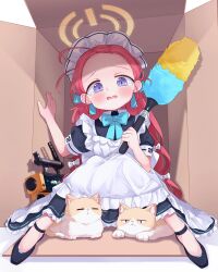 Rule 34 | 1girl, apron, black dress, black footwear, blue archive, blue bow, blue bowtie, blush, bow, bowtie, box, cardboard box, cat, collared dress, commentary, dress, duster, forehead, frilled apron, frilled dress, frills, full body, grenade launcher, gun, hair bow, halo, highres, holding, holding duster, in box, in container, jokebag, knees together feet apart, maid, maid apron, maid headdress, multiple hair bows, official alternate costume, open mouth, puffy short sleeves, puffy sleeves, purple eyes, red hair, short sleeves, solo, tearing up, weapon, white apron, white bow, yellow halo, yuzu (blue archive), yuzu (maid) (blue archive)