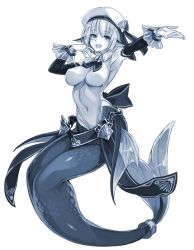Rule 34 | 1girl, blue theme, blush, breasts, fins, full body, gloves, grey eyes, grey hair, hat, head fins, kenkou cross, large breasts, looking at viewer, mermaid, merrow, monochrome, monster girl, monster girl encyclopedia, navel, official art, open mouth, short hair, smile, solo, transparent background, white gloves, white hat