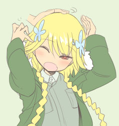 Rule 34 | 10s, 1girl, ;d, bad id, bad tumblr id, blonde hair, blue background, blush, braid, fang, female focus, flat color, hair ornament, hand on another&#039;s head, head pat, headpat, highres, long hair, misono chiaya, one eye closed, open mouth, red eyes, simple background, smile, solo focus, sumiyao (amam), the rolling girls, twin braids