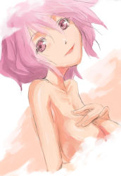 Rule 34 | 1girl, breasts, completely nude, female focus, nude, pink eyes, pink hair, saigyouji yuyuko, solo, touhou, upper body, white background, yohane
