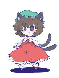 Rule 34 | animal ears, blush, bow, brown eyes, brown hair, cat ears, cat girl, cat tail, chahan (fried rice0614), chen, commentary, cross-laced footwear, dress, frilled dress, frilled hat, frills, green headwear, hat, highres, light smile, long sleeves, looking ahead, mob cap, multiple tails, red dress, shadow, short hair, simple background, socks, spread fingers, standing, tail, touhou, two tails, white background, yellow bow