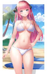 Rule 34 | 1girl, absurdres, beach, bikini, black ribbon, blue sky, blunt bangs, blush, breasts, cloud, collarbone, day, go-toubun no hanayome, hair ribbon, hand on own hip, highres, jasony, large breasts, long hair, looking at viewer, nakano nino, navel, ocean, open mouth, outdoors, palm tree, parasol, pink hair, purple eyes, ribbon, sand, sky, solo, swimsuit, tree, umbrella, white bikini