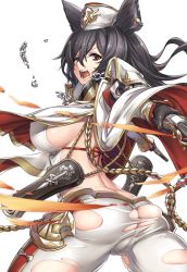 Rule 34 | 1girl, ass, back, bare back, black hair, breasts, broken, broken chain, chain, dual wielding, erune, fire, from behind, garrison cap, granblue fantasy, gun, hat, highres, holding, holding gun, holding weapon, ilsa34660285, large breasts, leaning forward, long hair, looking at viewer, looking back, military, military uniform, no panties, pants, red eyes, red ribbon, ribbon, rope, sideboob, simple background, skindentation, solo, standing, teeth, tight clothes, uniform, v-shaped eyebrows, weapon, white background, white hat, white pants, yasu (yossy)