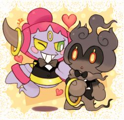 Rule 34 | blush stickers, brown eyes, commentary, creature, creatures (company), english commentary, eye contact, floating, full body, game freak, gen 6 pokemon, gen 7 pokemon, green eyes, grin, heart, highres, hoopa, hoopa (confined), horns, krystal fleming, legendary pokemon, looking at another, marshadow, marshadow (gloom), mythical pokemon, nintendo, no humans, pokemon, pokemon (creature), smile, yellow background