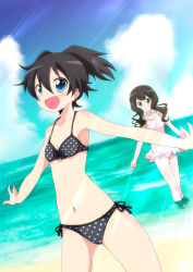 Rule 34 | 10s, 2girls, absurdres, bad id, bad pixiv id, beach, bikini, black hair, black rock shooter, blue eyes, casual one-piece swimsuit, day, dutch angle, front-tie top, green eyes, highres, kuroi mato, long hair, massala, multiple girls, one-piece swimsuit, outdoors, outstretched arms, polka dot, polka dot bikini, polka dot swimsuit, short hair, side-tie bikini bottom, spread arms, swimsuit, takanashi yomi, twintails, wading, water