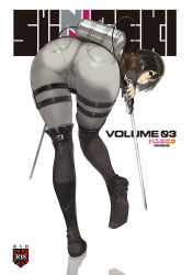 Rule 34 | 1girl, ass, ass focus, bent over, black eyes, black hair, boots, cover, crotch, dual wielding, from behind, full body, highres, holding, huge ass, jacket, knee boots, leaning forward, looking at viewer, looking back, mikasa ackerman, namaniku atk, pantylines, shingeki no kyojin, short hair, simple background, skin tight, solo, standing, sword, thigh boots, thigh gap, thighhighs, three-dimensional maneuver gear, weapon, white background