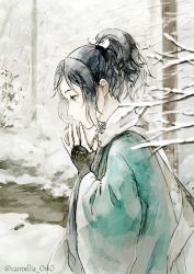 Rule 34 | 10s, 1boy, akagi shun, black hair, blue eyes, blue jacket, bow, commentary request, from side, hair bow, hands up, jacket, long sleeves, male focus, outdoors, ponytail, profile, scarf, snow, solo, touken ranbu, twitter username, white bow, white scarf, wide sleeves, yamato-no-kami yasusada