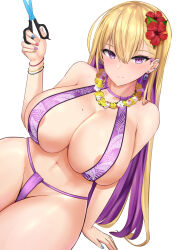 Rule 34 | 1girl, areola slip, armpit crease, bare shoulders, bikini, blonde hair, blue nails, blush, boryeon (last origin), bracelet, breasts, cleavage, colored inner hair, commentary request, ear piercing, earrings, fingernails, flower, flower necklace, hair between eyes, highres, holding, holding scissors, huge breasts, jewelry, last origin, long hair, looking at viewer, mole, mole on breast, multicolored hair, multicolored nails, nail polish, navel, necklace, official alternate costume, piercing, purple bikini, purple eyes, purple hair, purple nails, red flower, red nails, sayashi (type5 labyrith), scissors, simple background, sitting, skindentation, smile, solo, swimsuit, thighs, very long hair, white background, yellow nails