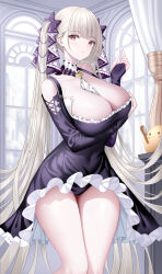 Rule 34 | 1girl, absurdres, azur lane, bare legs, bare shoulders, between breasts, black dress, blush, breasts, cleavage, dress, earrings, formidable (azur lane), frilled dress, frills, grey hair, hair ribbon, highres, jewelry, large breasts, long hair, looking at viewer, red eyes, ribbon, solo, thighs, tina (tinafya), twintails, two-tone dress, two-tone ribbon, very long hair