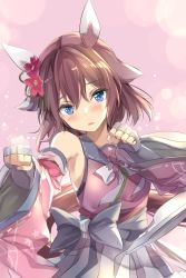 Rule 34 | 1girl, absurdres, animal ears, armpits, blue eyes, brown hair, clenched hands, commentary request, detached sleeves, fingerless gloves, gloves, hair between eyes, hair ornament, highres, horse ears, horse girl, japanese clothes, medium hair, pink background, portrait, sakura chiyono o (umamusume), simple background, solo, umamusume, uu-tan (hushigi10)
