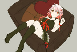 Rule 34 | 10s, 1girl, bare shoulders, chaise longue, dress, guilty crown, hair ornament, hairclip, heart, heart-shaped pillow, long hair, looking at viewer, pillow, pink hair, red eyes, simple background, sitting, solo, twintails, usami usa o, yuzuriha inori