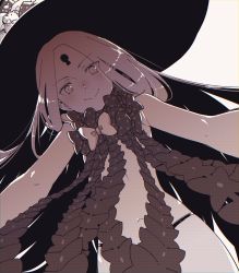 Rule 34 | 1girl, abigail williams (fate), abigail williams (third ascension) (fate), bare shoulders, blush, breasts, closed mouth, fate/grand order, fate (series), forehead, fumato, greyscale, hat, highres, keyhole, long hair, looking at viewer, monochrome, multiple bows, navel, panties, parted bangs, simple background, small breasts, smile, solo, stuffed animal, stuffed toy, teddy bear, underwear, white background, witch hat