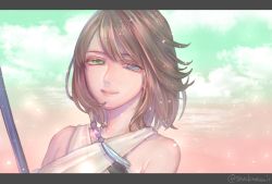 Rule 34 | 1girl, blue eyes, brown hair, closed mouth, cloud, final fantasy, final fantasy x, green eyes, hair ornament, heterochromia, holding, japanese clothes, jewelry, letterboxed, looking at viewer, sakai (motomei), short hair, smile, solo, staff, yuna (ff10)