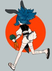 Rule 34 | 10s, 1boy, animal ears, ankle wrap, bandages, blue hair, rabbit ears, rabbit tail, carrot, from behind, japanese clothes, kemonomimi mode, l hakase, male focus, running, sandals, sayo samonji, shorts, simple background, solo, tail, touken ranbu