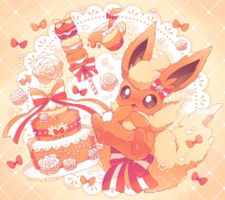 Rule 34 | blush, bow, brown eyes, cake, commentary request, creatures (company), flareon, flower, food, game freak, gen 1 pokemon, heart, mugita konomi, nintendo, no humans, open mouth, poke puff, pokemon, pokemon (creature), solo, striped, striped bow, toes, tongue