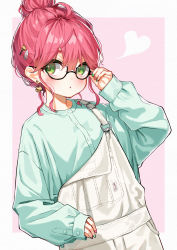 Rule 34 | 1girl, adjusting eyewear, ahoge, alternate hairstyle, blue shirt, blush, casual, commentary request, earrings, glasses, green eyes, green nails, hair between eyes, hair bun, hair ornament, hair up, heart, highres, hololive, jewelry, long sleeves, looking at viewer, multicolored nails, nail polish, overalls, parted lips, red hair, red nails, sakura miko, same jarashi, shirt, simple background, single hair bun, sleeves past wrists, solo, triangle mouth, upper body, virtual youtuber