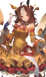 Rule 34 | 1girl, absurdres, ahoge, animal ears, bad id, bad twitter id, bare shoulders, bead bracelet, beads, blush, bracelet, breasts, brown hair, cleavage, copano rickey (umamusume), cowboy shot, detached sleeves, double bun, dress, fingerless gloves, gloves, hair bun, hand up, highres, horse ears, jewelry, long hair, looking at viewer, mooofoo, motion blur, multicolored hair, notice lines, ofuda, open mouth, photoshop (medium), purple gloves, red eyes, simple background, smile, solo, strapless, strapless dress, two-tone hair, umamusume, white background, white hair, yellow dress