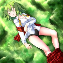 Rule 34 | 1girl, aka tawashi, arm at side, bare legs, black panties, blush, breasts, cleavage, closed eyes, clothes pull, collared shirt, commentary request, dress shirt, grass, green hair, hand on own stomach, highres, kazami yuuka, long sleeves, lying, medium breasts, off shoulder, on back, open clothes, open mouth, open vest, panties, plaid, plaid skirt, plaid vest, red skirt, red vest, shirt, short hair, skirt, skirt pull, sleeping, solo, touhou, underwear, vest, white shirt, wing collar
