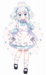 Rule 34 | 1girl, :o, animal ear fluff, animal ears, apron, black footwear, blue bow, blue eyes, blue kimono, blush, bow, collared shirt, commentary request, double bun, dress shirt, frilled apron, frills, full body, grey hair, hair between eyes, hair bow, hair bun, hair ornament, hairclip, highres, japanese clothes, kimono, long sleeves, looking at viewer, loose socks, nakkar, original, parted lips, plaid, plaid bow, puffy long sleeves, puffy sleeves, shirt, shoes, sidelocks, sleeves past wrists, socks, solo, standing, standing on one leg, striped, striped background, twintails, twitter username, vertical stripes, white apron, white shirt, white socks