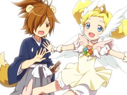 Rule 34 | 10s, 1boy, 1girl, :d, animal ears, blonde hair, bloomers, blue eyes, brooch, brother and sister, brown eyes, brown hair, candy (smile precure!), choker, double bun, hair bun, head wings, japanese clothes, jewelry, kimono, mekurata meda, open mouth, personification, ponytail, pop (smile precure!), precure, royal candy, short hair, siblings, skirt, smile, smile precure!, tail, underwear, white background, white bloomers, white choker, wings, wrist cuffs
