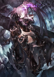 Rule 34 | 10s, 1girl, armor, armored boots, azomo, black footwear, black hair, black legwear, black rock shooter, boots, chain, commentary request, flaming eyes, gauntlets, highres, insane black rock shooter, knee up, midriff, purple eyes, short shorts, shorts, sitting, solo, torn clothes, twintails