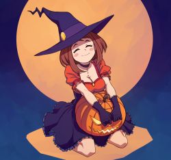 Rule 34 | 10s, 1girl, ^ ^, blush stickers, boku no hero academia, breasts, brown hair, choker, cleavage, closed eyes, dress, closed eyes, frilled skirt, frills, full body, full moon, gloves, halloween, halloween costume, hat, medium breasts, moon, puffy short sleeves, puffy sleeves, pumpkin, seiza, short sleeves, sitting, skirt, smile, solo, unseriousguy, uraraka ochako, witch, witch hat