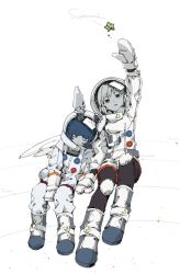 Rule 34 | 2girls, alternate costume, animal ears, arm up, asahi (uwa), blue hair, closed eyes, commentary request, crescent, english text, full body, helmet, holding hands, kishin sagume, leaning on person, multiple girls, orbit, rabbit ears, seiran (touhou), single wing, spacesuit, star (symbol), touhou, white background, wings