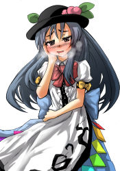 Rule 34 | 1girl, blush, breath, female focus, food, fruit, gaoo (frpjx283), hand on own face, hat, hinanawi tenshi, peach, solo, touhou