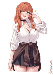 Rule 34 | 1girl, blunt bangs, blush, braid, breasts, cleavage, commentary, cowboy shot, de ruyter (kancolle), ebifurya, green eyes, highres, kantai collection, large breasts, long hair, open mouth, red hair, side braid, simple background, skirt, smile, solo, twitter username, white background