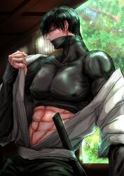 Rule 34 | 1boy, abs, absurdres, artist request, bara, black hair, covered erect nipples, cowboy shot, fushiguro touji, green eyes, highres, jujutsu kaisen, large pectorals, looking at viewer, male focus, mask, mature male, midriff peek, mouth mask, muscular, muscular male, navel, ninja, nipples, off shoulder, pectorals, profile, scar, scar on face, scar on mouth, shirt, short hair, solo, sunlight, taut clothes, taut shirt, undressing