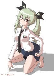 Rule 34 | 1girl, absurdres, anchovy (girls und panzer), anzio school uniform, arched back, bare legs, barefoot, belt, black belt, black necktie, black ribbon, black skirt, closed mouth, commentary request, dated, dress shirt, drill hair, drops mint, emblem, girls und panzer, green hair, hair ribbon, hand on own hip, highres, kneeling, light frown, long hair, long sleeves, looking at viewer, miniskirt, necktie, no cape, partial commentary, pleated skirt, red eyes, ribbon, school uniform, shadow, shirt, simple background, skirt, solo, twin drills, twintails, twitter username, underwear, white background, white shirt, wing collar