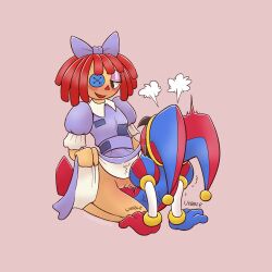 Rule 34 | 2girls, asymmetrical gloves, blue eyes, blue gloves, blue headwear, blush, bookabashka, bow, brown hair, button eyes, buttons, cleft of venus, dress, full-face blush, gloves, hair bow, hat, highres, jester, jester cap, lifting own clothes, mismatched gloves, multicolored clothes, multicolored headwear, multiple girls, pink background, pomni (the amazing digital circus), puffy short sleeves, puffy sleeves, pussy, ragatha (the amazing digital circus), red eyes, red gloves, red hair, red headwear, short sleeves, striped clothes, striped headwear, the amazing digital circus, uncensored, vertical-striped clothes, vertical-striped headwear, yuri