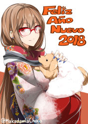 Rule 34 | 1girl, 2018, absurdres, animal, brown hair, commentary request, dog, earrings, furisode, glasses, highres, holding, holding animal, japanese clothes, jewelry, kimono, lindoh flores, long hair, looking at viewer, nail polish, new year, original, red-eyes macadamiachoco, red-framed eyewear, red eyes, simple background, smile, solo, twitter username, upper body, white background
