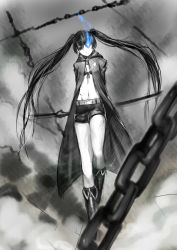 Rule 34 | 1girl, absurdres, arms behind back, belt, bikini, bikini top only, black bikini, black cape, black footwear, black hair, black rock shooter, black rock shooter (character), black shorts, blue eyes, cape, chain, dsknight, flaming eye, flat chest, floating hair, front-tie bikini top, front-tie top, hair between eyes, head tilt, highres, holding, holding sword, holding weapon, hood, hood down, hooded coat, limited palette, long hair, looking at viewer, midriff, navel, short shorts, shorts, solo, standing, star (symbol), star print, stomach, swimsuit, sword, twintails, very long hair, weapon