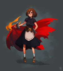Rule 34 | 1girl, apron, black dress, brown hair, cloak, cuffs, dress, everafter, grimm&#039;s fairy tales, hand on own hip, little red riding hood, little red riding hood (grimm), red (everafter), red cape, shackles, shaun healey, shoes, short hair, short sleeves, signature, smile, socks, solo, standing