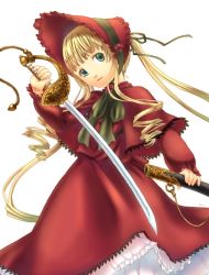Rule 34 | 00s, 1girl, blonde hair, blue eyes, bonnet, bow, bowtie, capelet, dress, green bow, green bowtie, holding, holding sword, holding weapon, long hair, long sleeves, looking at viewer, red dress, rozen maiden, sabamu, scabbard, sheath, shinku, sidelocks, simple background, solo, sword, twintails, unsheathed, very long hair, weapon, white background