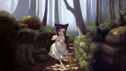 Rule 34 | amami mikihiro, amamiya mikihiro, animal ears, black eyes, black hair, cat ears, cat tail, child, forest, frog, highres, nature, open mouth, original, paw pose, sandals, scenery, short hair, solo, tail, tree, wallpaper