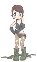 Rule 34 | 1girl, armatic, asymmetrical gloves, bikini, black bikini, black gloves, blue eyes, blush, boots, brown hair, child, collarbone, combat boots, flat chest, flying sweatdrops, full body, gloves, harness, metal gear (series), metal gear solid v: the phantom pain, mismatched gloves, oversized clothes, pantyhose, parted lips, quiet (metal gear), short hair, simple background, solo, standing, swimsuit, torn clothes, torn pantyhose