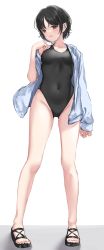 Rule 34 | 1girl, absurdres, black hair, black one-piece swimsuit, brown eyes, commentary request, competition swimsuit, covered navel, full body, gluteal fold, groin, highres, hood, hooded jacket, hoodie, jacket, ncontrail (mgax7527), one-piece swimsuit, open clothes, open jacket, original, piercing, sandals, short hair, simple background, solo, standing, swimsuit, white background, white jacket