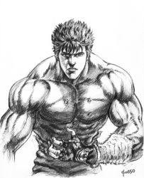 Rule 34 | greyscale, hokuto no ken, kenshiro, male focus, manly, monochrome, muscular, queso, short hair, solo, topless male