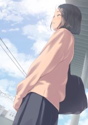 Rule 34 | 1girl, absurdres, bag, blue skirt, blue sky, blush, bob cut, comic koh, commentary request, day, from below, from side, grey hair, highres, kamo (gafas), original, outdoors, parted lips, short hair, shoulder bag, skirt, sky, solo, standing, sweater, train station, utility pole