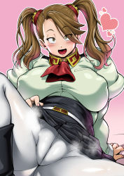 Rule 34 | 1girl, ass, boots, breasts, brown hair, cameltoe, cleft of venus, covered erect nipples, female focus, gundam, gundam build fighters, gundam build fighters try, happy, highres, huge ass, huge breasts, jun (rojiura jack), long hair, looking at viewer, pantyhose, partially visible vulva, rojiura jack, sazaki kaoruko, shiny skin, sitting, skin tight, skirt, smile, solo, spread legs, steam, thick thighs, thighs, twintails, upskirt