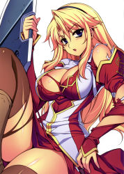 Rule 34 | 1girl, absurdres, blonde hair, blue eyes, blush, boots, breasts, cleavage, cleavage cutout, clothing cutout, detached sleeves, female focus, freezing (series), hairband, highres, kim kwang hyun, knee boots, large breasts, long hair, long skirt, long sleeves, looking at viewer, no bra, official art, open mouth, parted lips, satellizer el bridget, school uniform, shirt, skirt, sleeves past wrists, solo, sword, thighhighs, torn clothes, torn shirt, torn thighhighs, very long hair, weapon