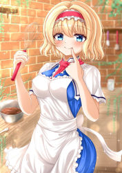 Rule 34 | 1girl, alice margatroid, apron, back bow, belt, blonde hair, blue dress, blue eyes, blush, bow, bowl, breasts, capelet, chocolate, closed mouth, covered erect nipples, dress, eyes visible through hair, fingernails, food, grey bow, hair between eyes, hairband, hands up, highres, licking lips, long fingernails, looking at viewer, medium breasts, necktie, pink necktie, red hairband, reijing etrn, short hair, short sleeves, smile, solo, standing, tongue, tongue out, touhou, wall, white apron, white belt, white capelet